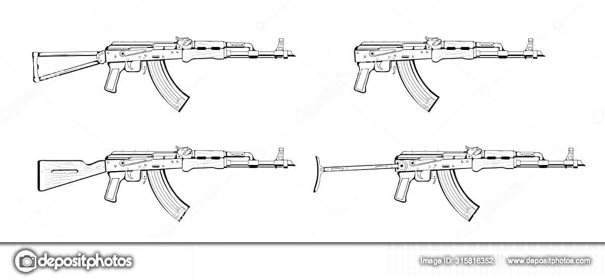 Раскраска Четыре вида автоматов Калашникова АК, со сложенными и разложенными прикладами и различиями в ствольной коробке
