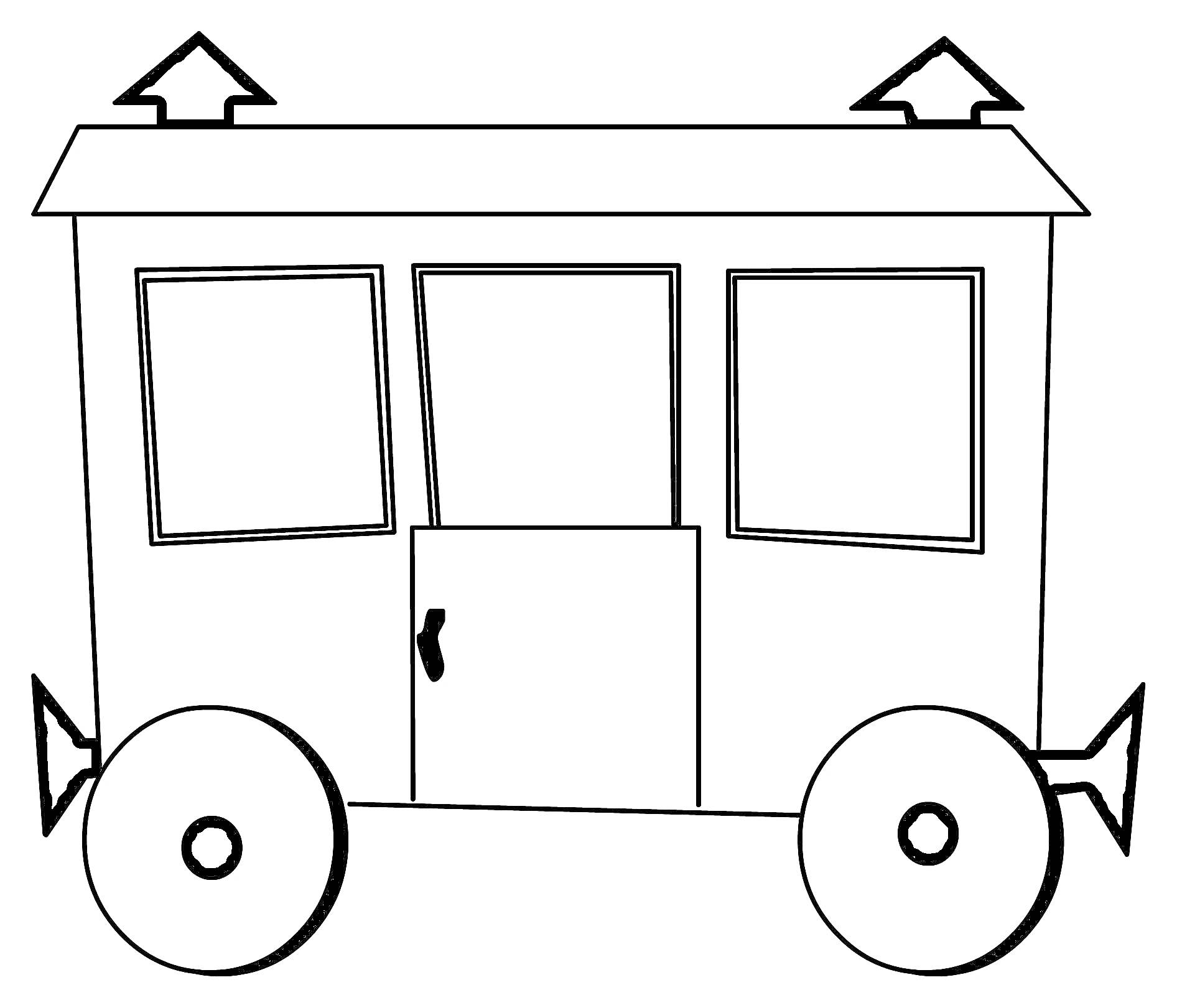 Раскраска Вагончик с двумя окнами, дверью и четырьмя стрелками на крыше и колесах