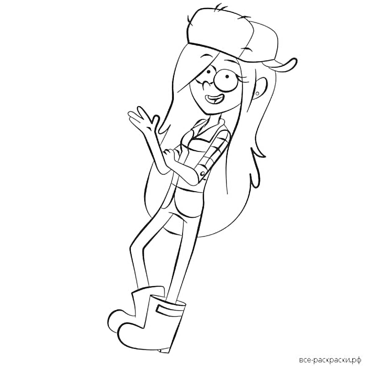 Раскраска Девушка в очках и шапке с длинными волосами в клетчатой рубашке и сапогах