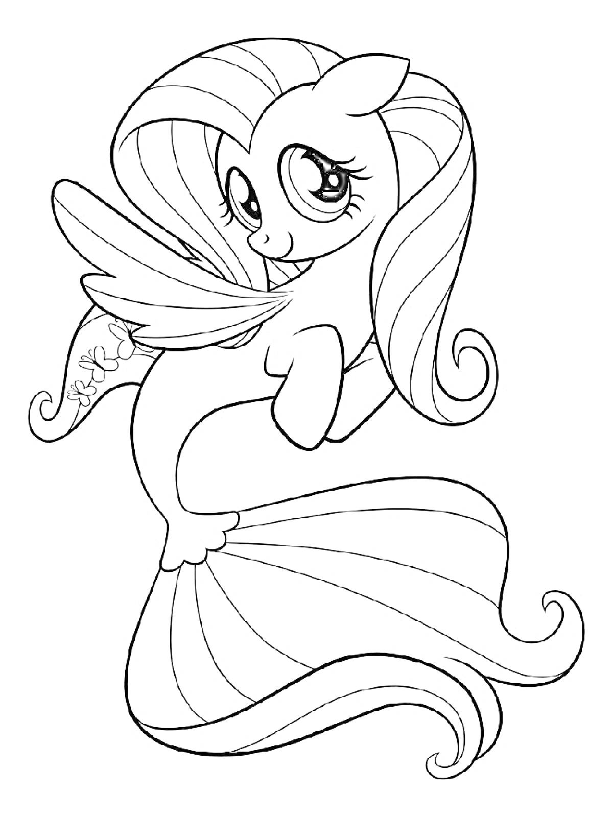 Раскраска Пони-русалка с пушистыми волосами и большими глазами