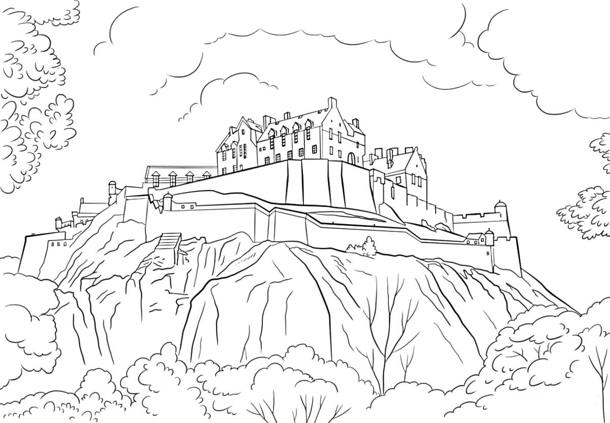 На раскраске изображено: Замок, Деревья, Облака, Архитектура, Природа, Исторические здания, Холмы