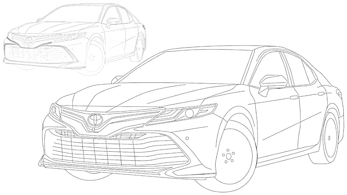 Раскраска Раскраска Toyota Camry с передним и боковым видом автомобиля