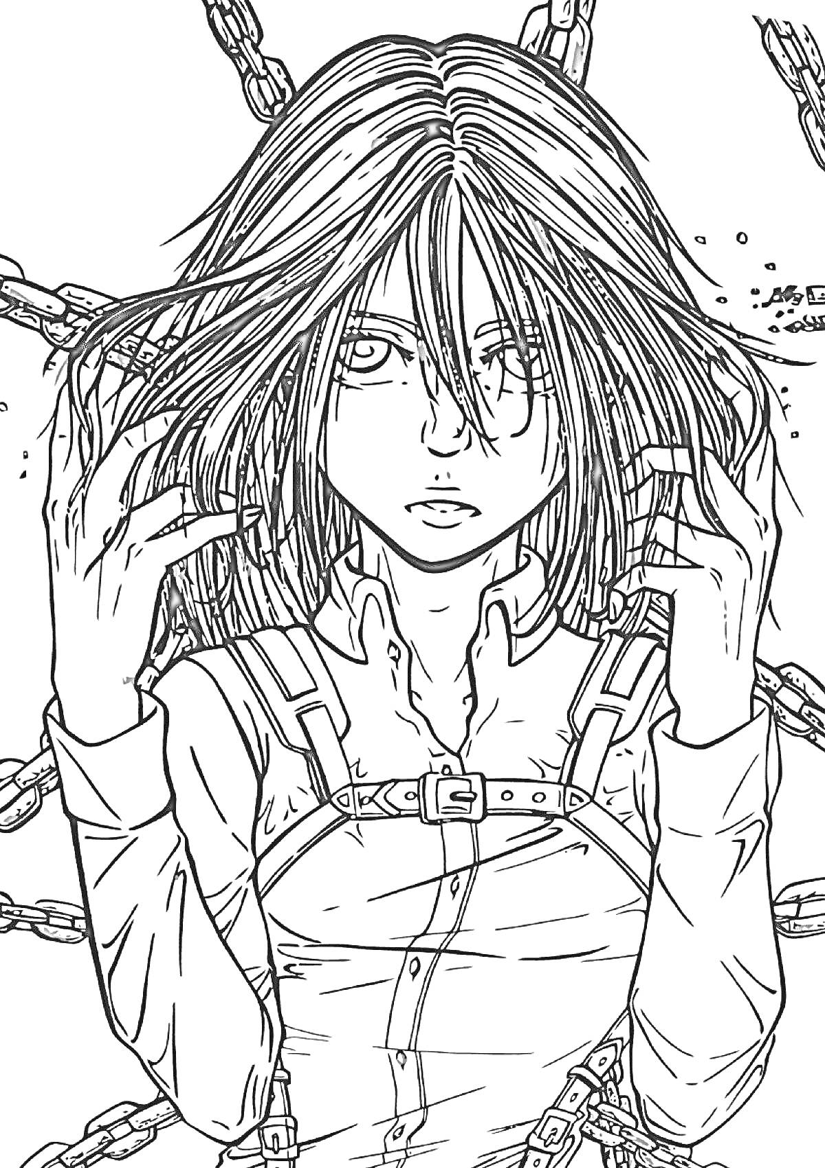 Раскраска Девушка в смирительной рубашке, окружённая цепями