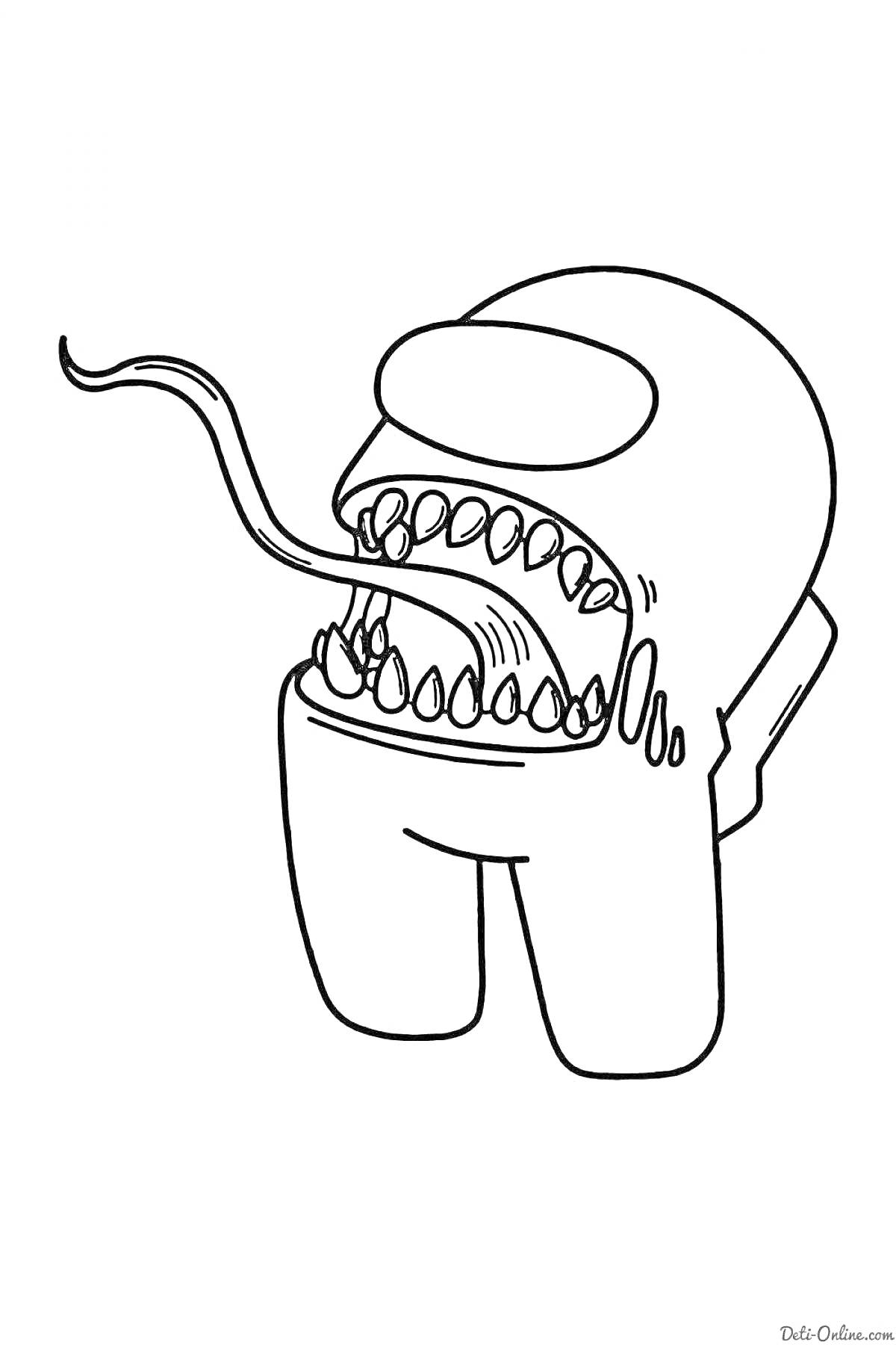 Раскраска Амонг Ас персонаж с открытой пастью и длинным языком