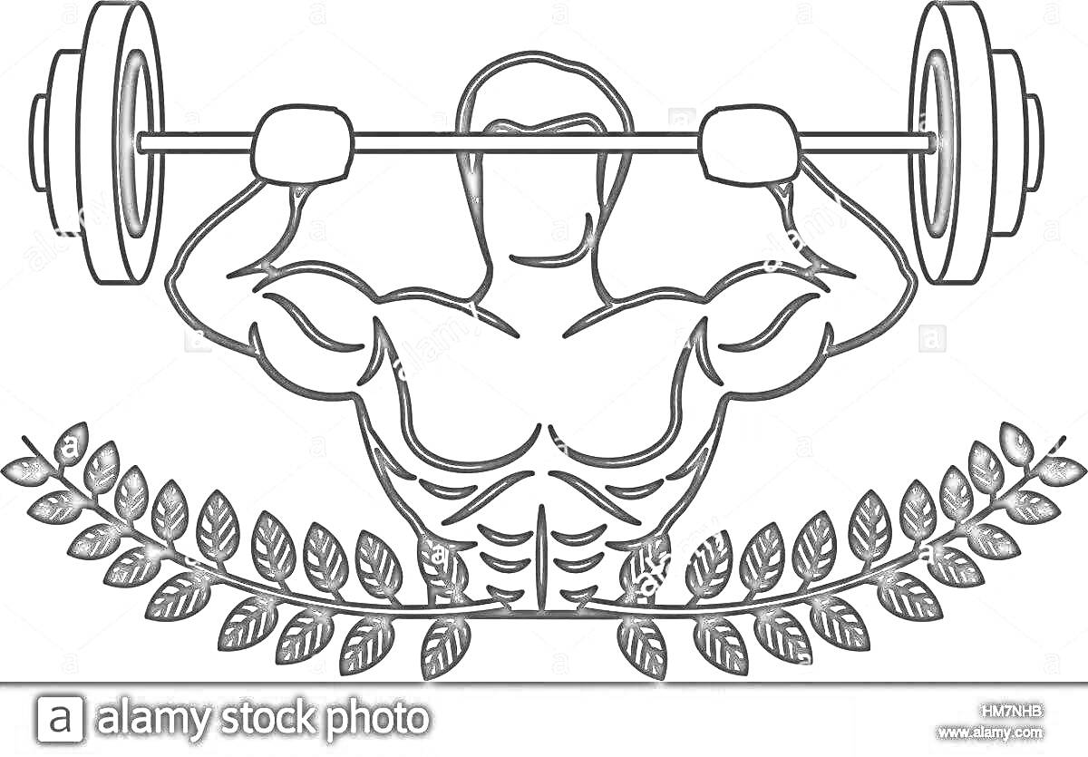 Раскраска Штангист с гантелей на фоне лавровых ветвей