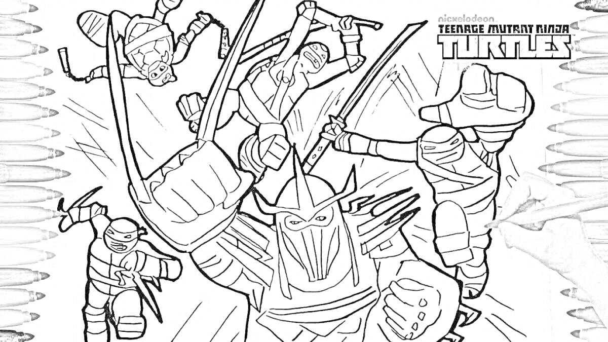 Раскраска Шредер и черепашки-ниндзя в бою, атака с оружием, под фон логотип мультсериала 