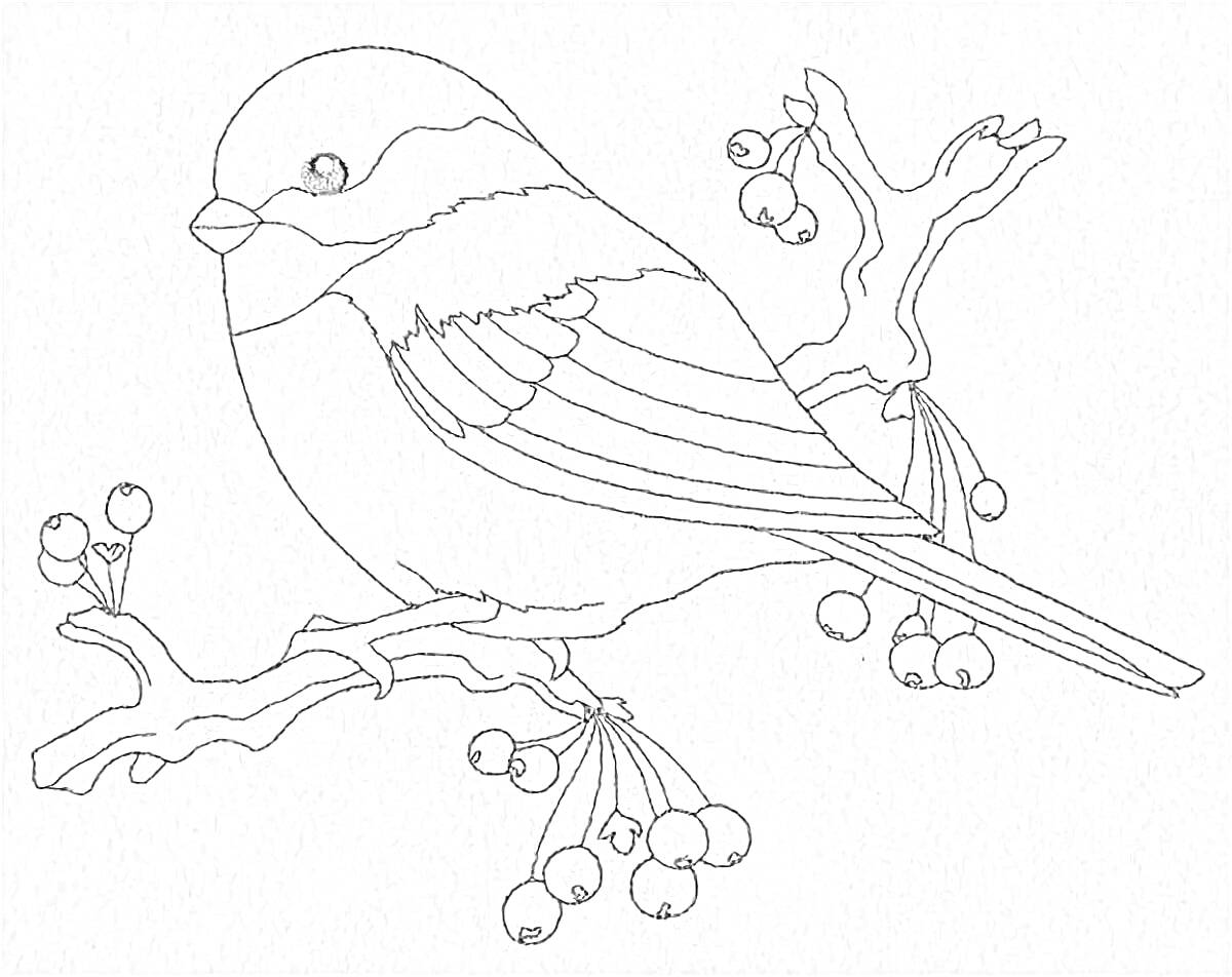 На раскраске изображено: Снегирь, Птица, Ветка, Ягоды, Природа, Зима, Контурные рисунки