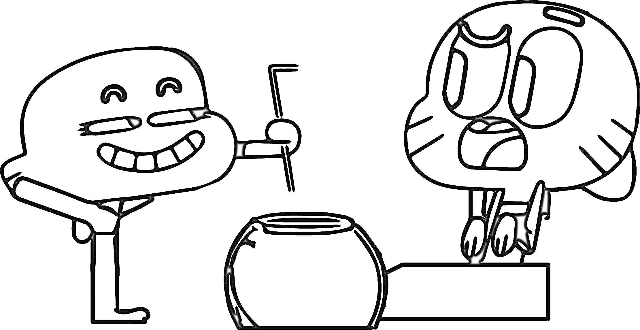 Раскраска Два персонажа из Гамбола с рыбным аквариумом