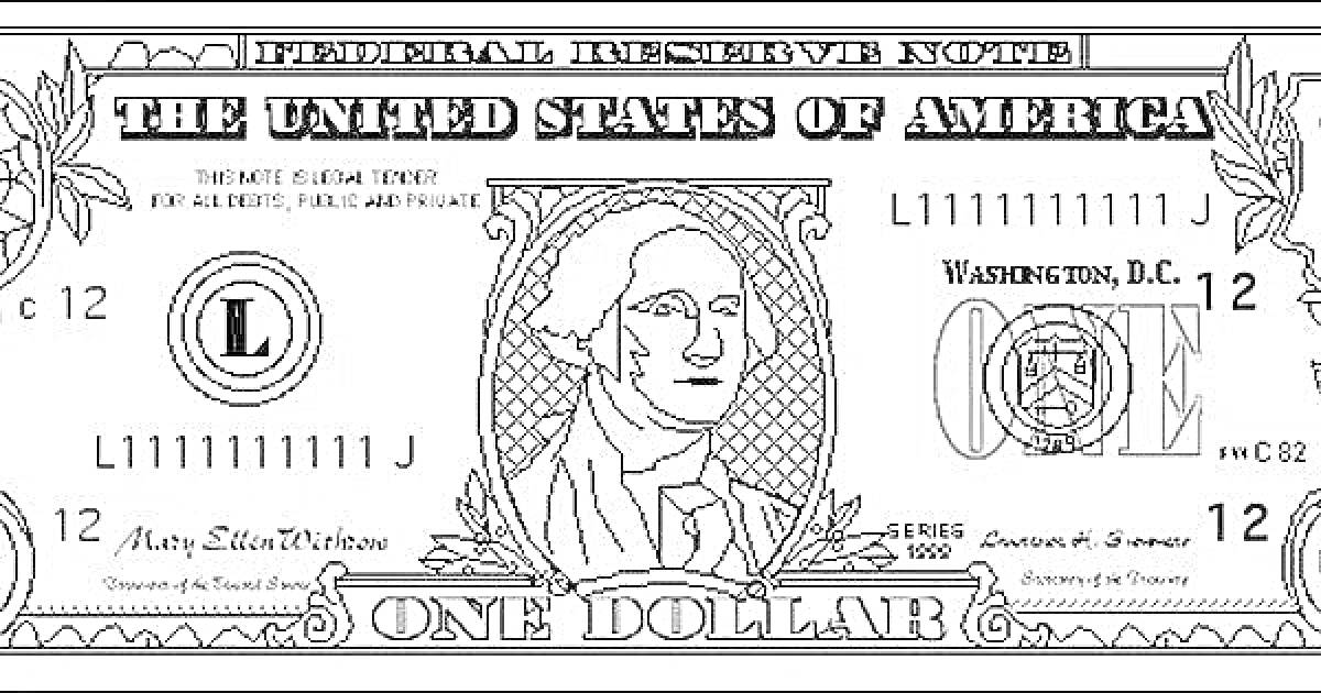 На раскраске изображено: Доллар, Банкнота, США, Деньги, Один доллар, Надпись