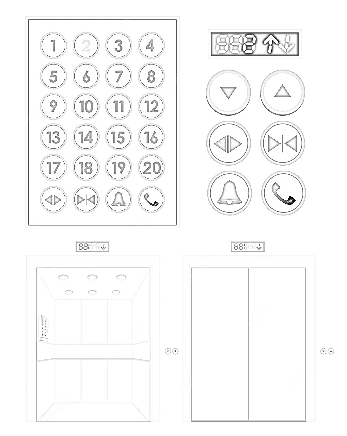 Раскраска Кнопки лифта с панелью кнопок, индикатором этажей, кнопками управления дверями, кнопками вызова и уведомлений, а также изображениями открытого и закрытого лифта