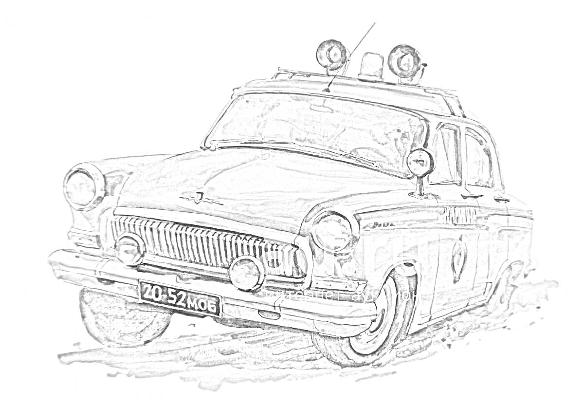 На раскраске изображено: Ретро автомобиль, Советская машина, Номерной знак, Полицейский автомобиль
