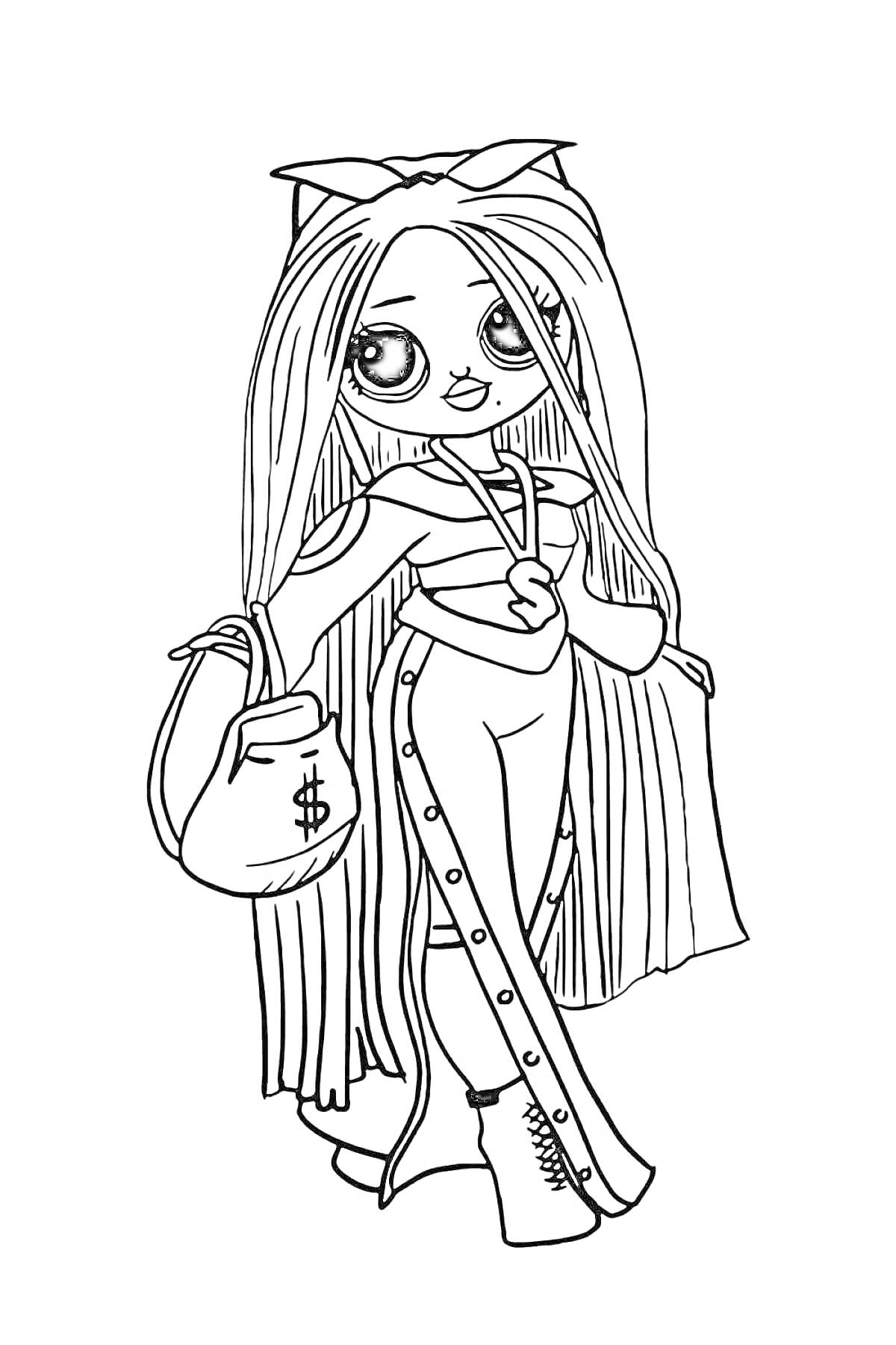 Раскраска Большая кукла ЛОЛ с длинными волосами, сумкой с символом доллара, в костюме с кнопками и ботинках