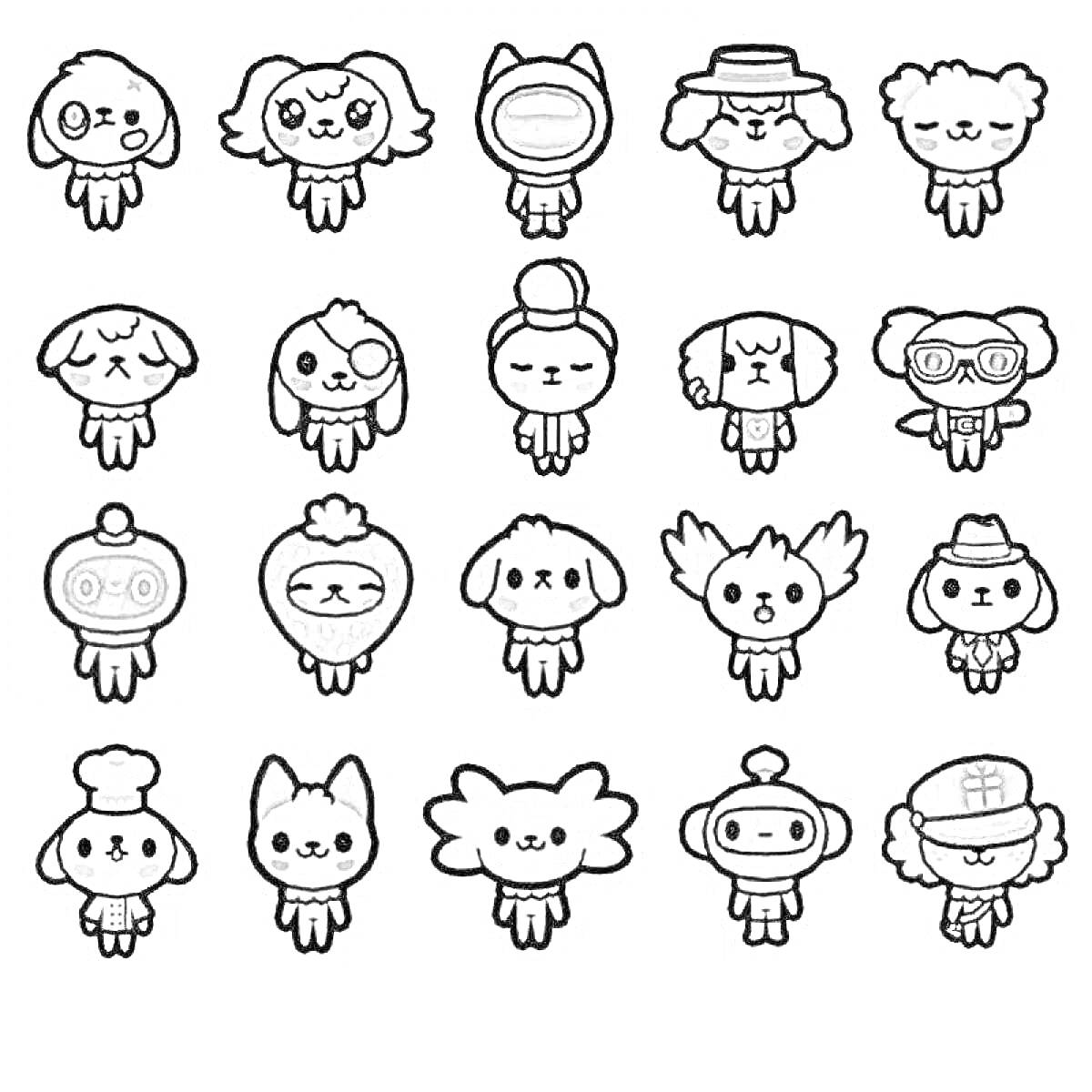 Раскраска Toca Boca персонажи, 20 маленьких персонажей с различными аксессуарами - шляпы, очки, крылья, и различные костюмы