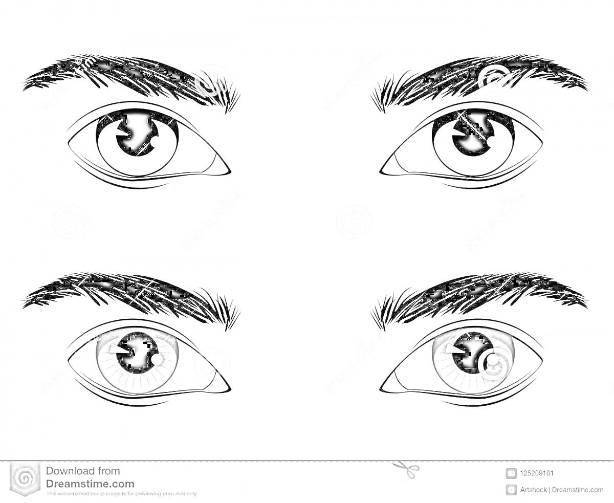 Раскраска с изображением разных видов человеческих глаз