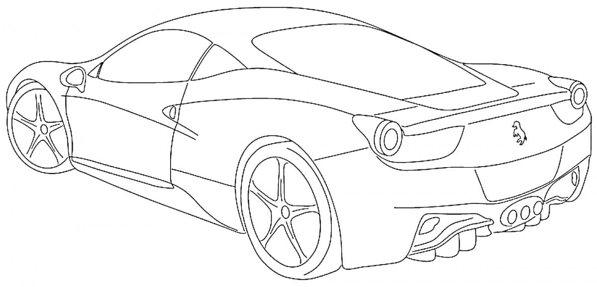 Феррари, спортивный автомобиль, вид сзади, два круглых задних фонаря, задний спойлер, большие колеса, выхлопные трубы