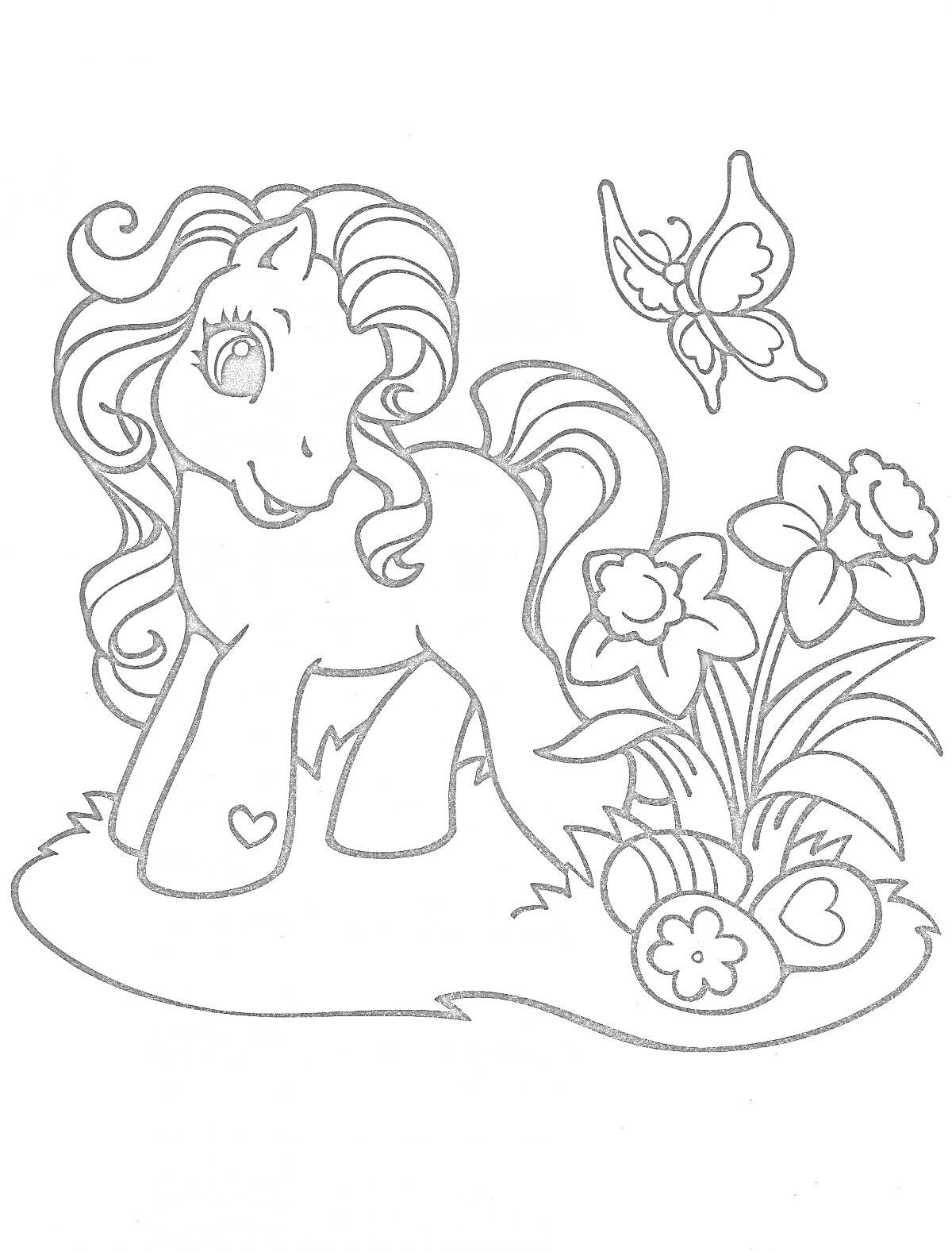 На раскраске изображено: Бабочка, Цветы, 5 лет, 6 лет, Милая лошадка, Весенние цветы