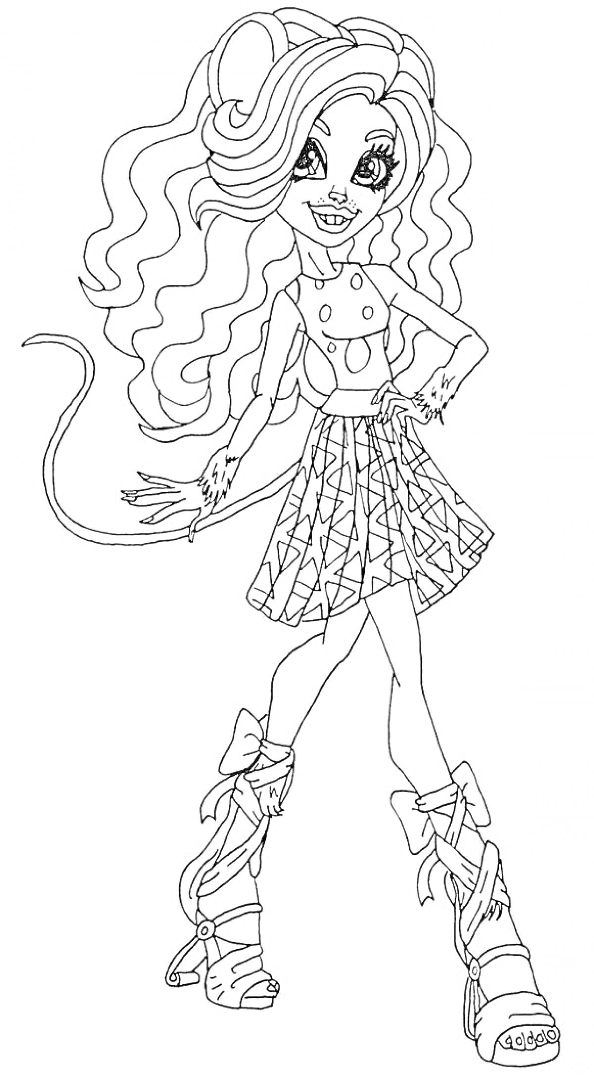 Раскраска Девушка с длинными волнистыми волосами, в топе без рукавов с пуговицами, юбке с узором, ботинках на шнуровке с бантиками и хвостом