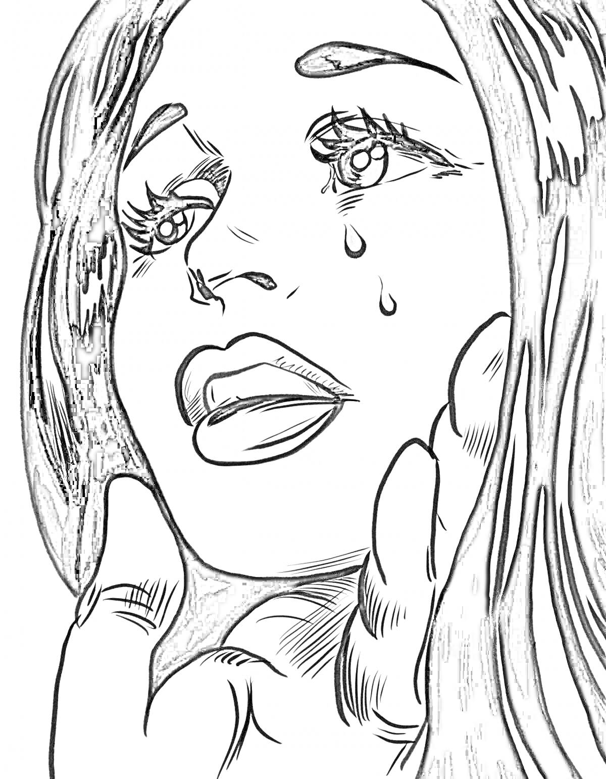 Раскраска Женщина с длинными волосами, крупным планом лица, с каплей слезы на щеке и поднимающей руку к лицу