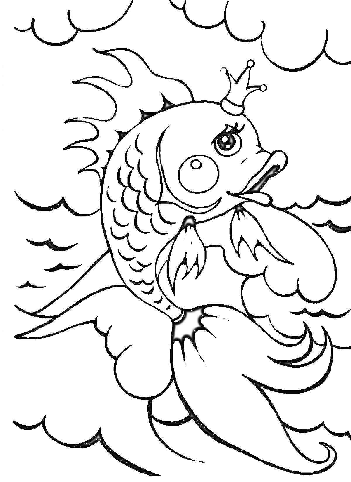 На раскраске изображено: Из сказок, Золотая рыбка, Корона, Море, Волны, Рыба, Для детей