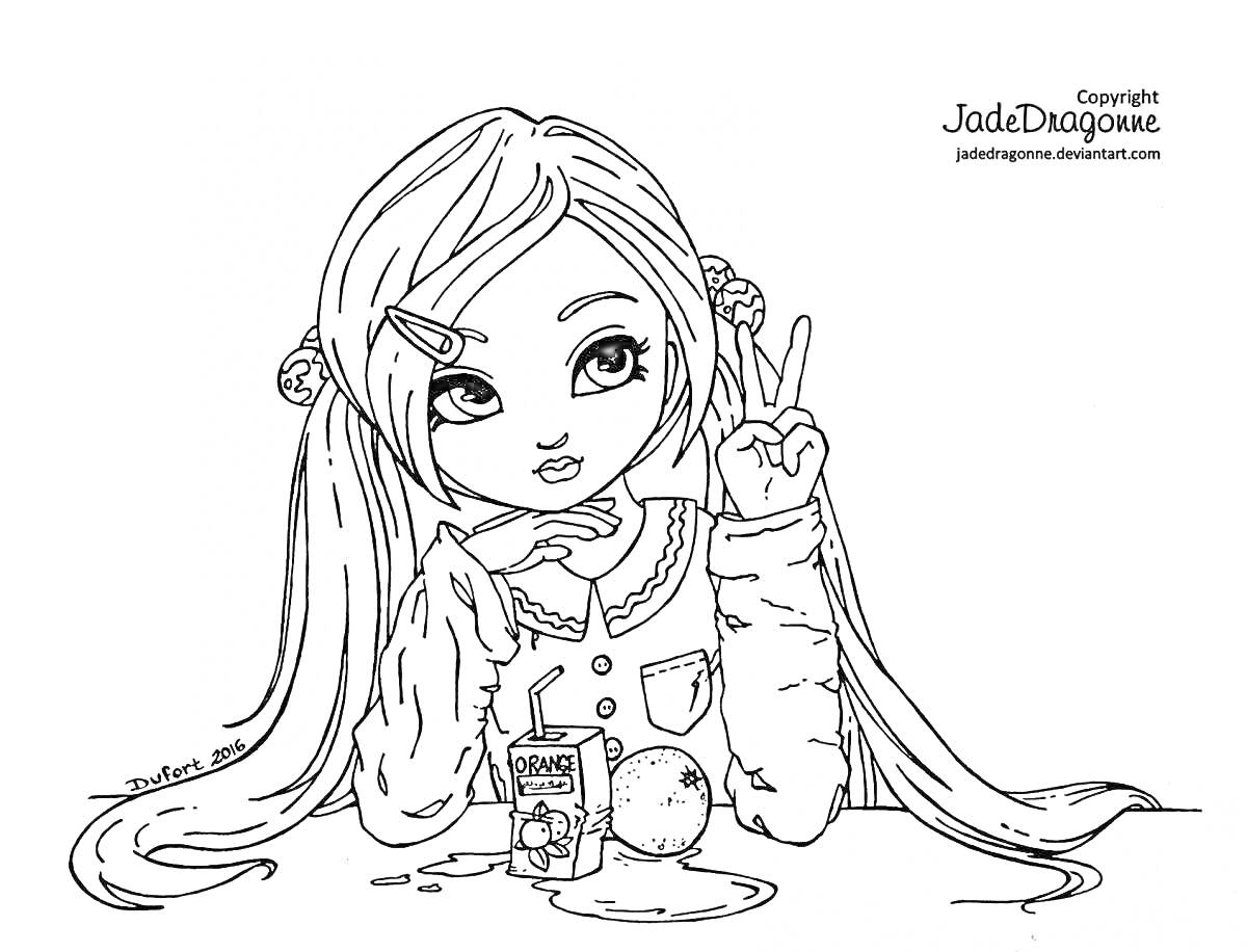 Раскраска Девушка с длинными волосами и коробкой сока, апельсином и жестом 