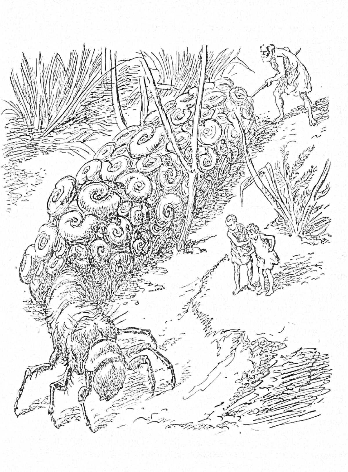 Раскраска Приключения Карика и Вали - Дети и профессор побегают гигантскую многоножку на фоне растений
