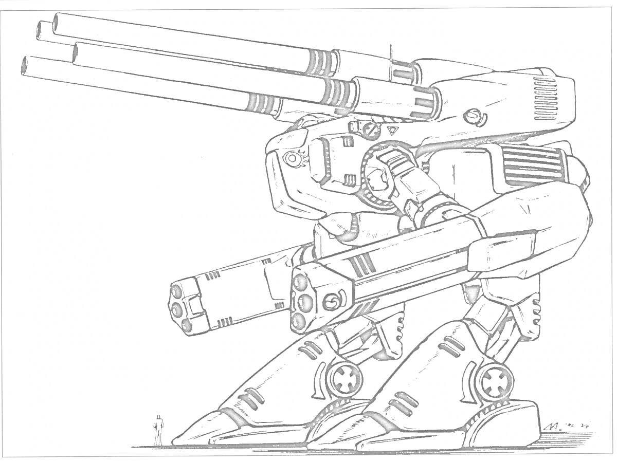 Раскраска Двуногий робот с двумя тяжелыми пушками и двумя дополнительными орудиями
