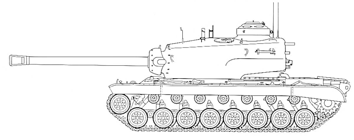 Черно-белая раскраска танка Т-34, вид сбоку, с длинным орудием, восьмью парными колесами, башней со смотровыми люками и антеннами