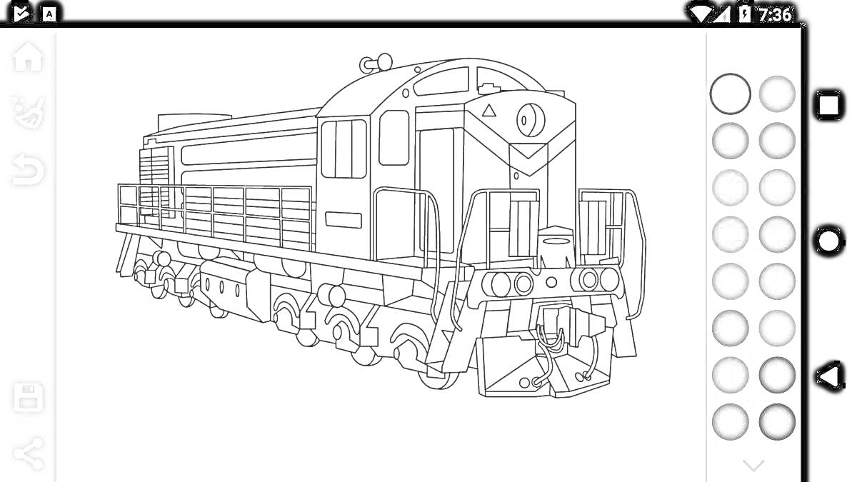 Раскраска Лего поезд на платформе с деталями, включающими окна, рельсы и колеса