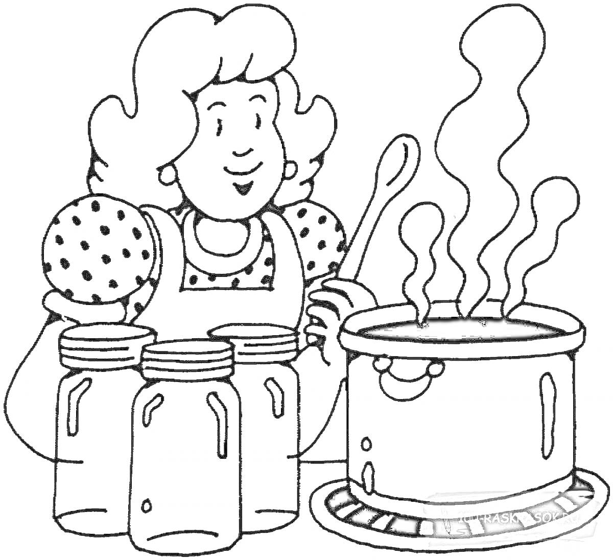На раскраске изображено: Мама, Суп, Готовка, Кухня, Плита, Пар, Кастрюли