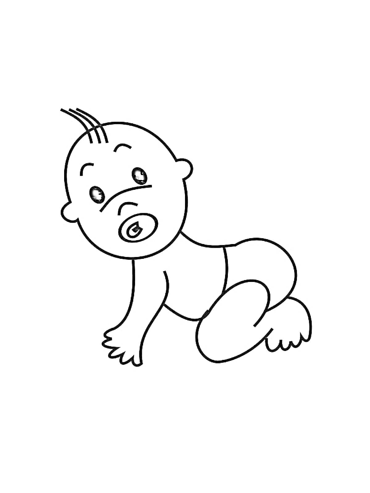 Раскраска Младенец ползущий на четвереньках с пустышкой