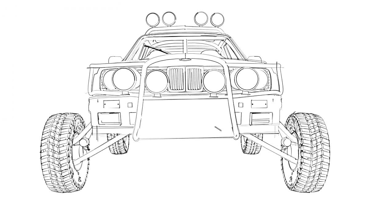Ралли автомобиль с четырьмя фарами, большой передней решеткой и четырьмя дополнительными лампами на крыше