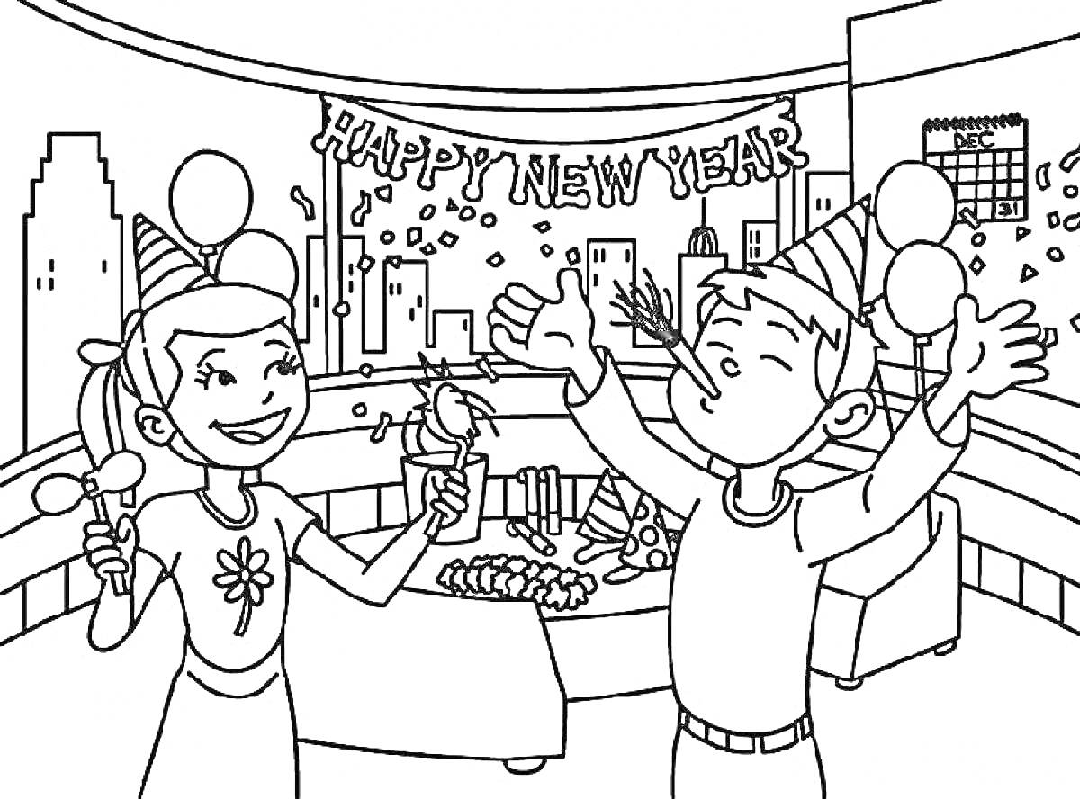 Раскраска Новогодняя вечеринка на балконе со столом, угощениями, фейерверками и гирляндой 