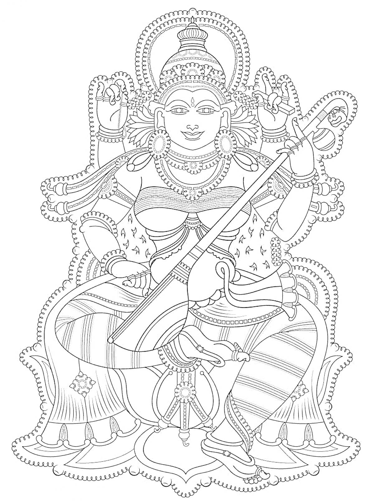 На раскраске изображено: Трон, Ювелирные изделия, Традиционная одежда, Индийская культура, Музыкальные инструменты