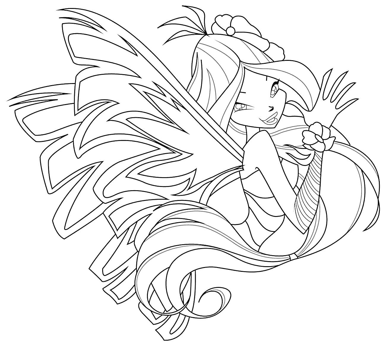 Раскраска Фея Винкс в сиреникс форме с длинными волосами, большими крыльями, цветком в волосах и нарукавником с цветочным узором.
