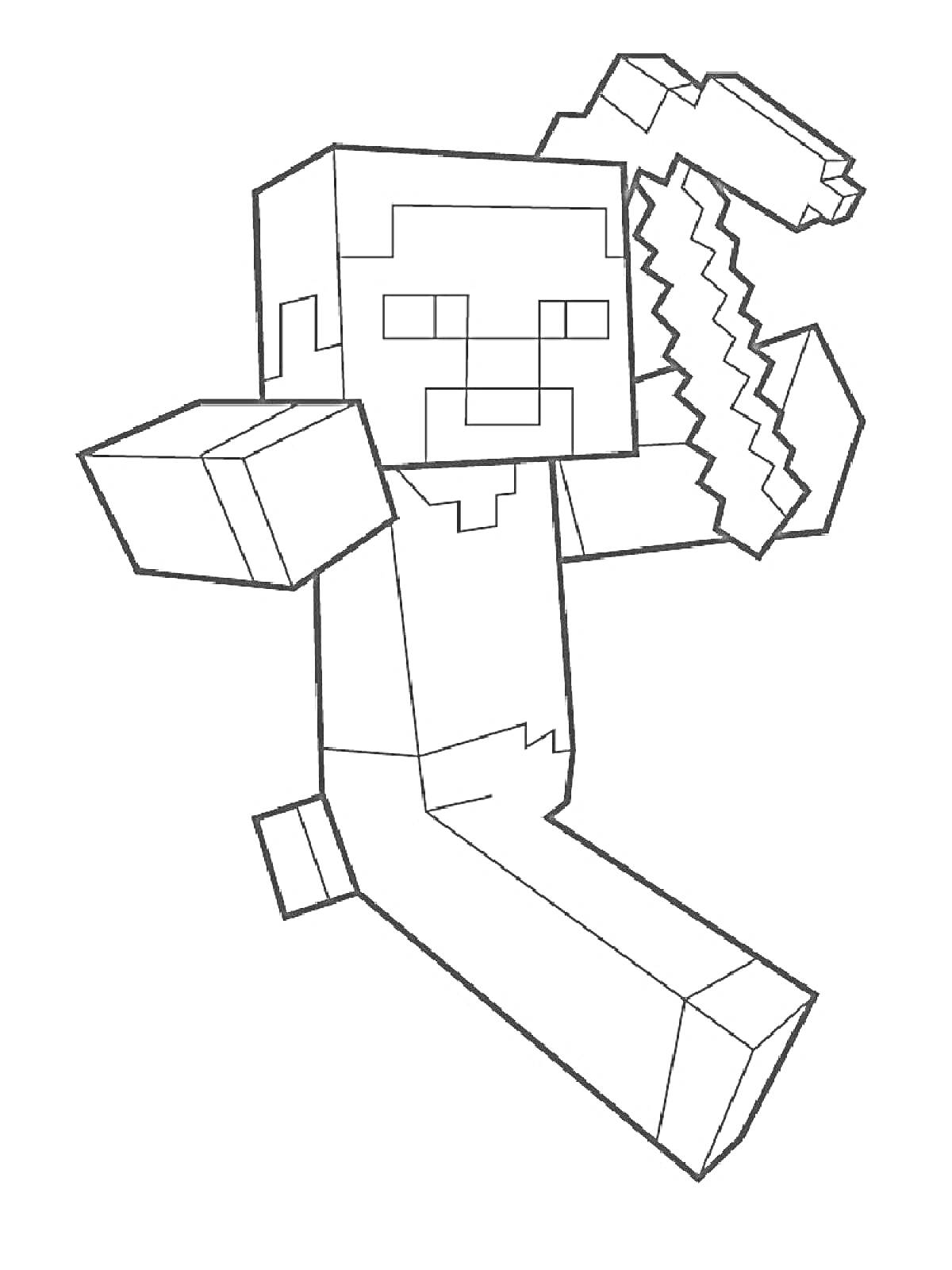 Раскраска Стив из Minecraft с наклоненной головой и поднятым мечом