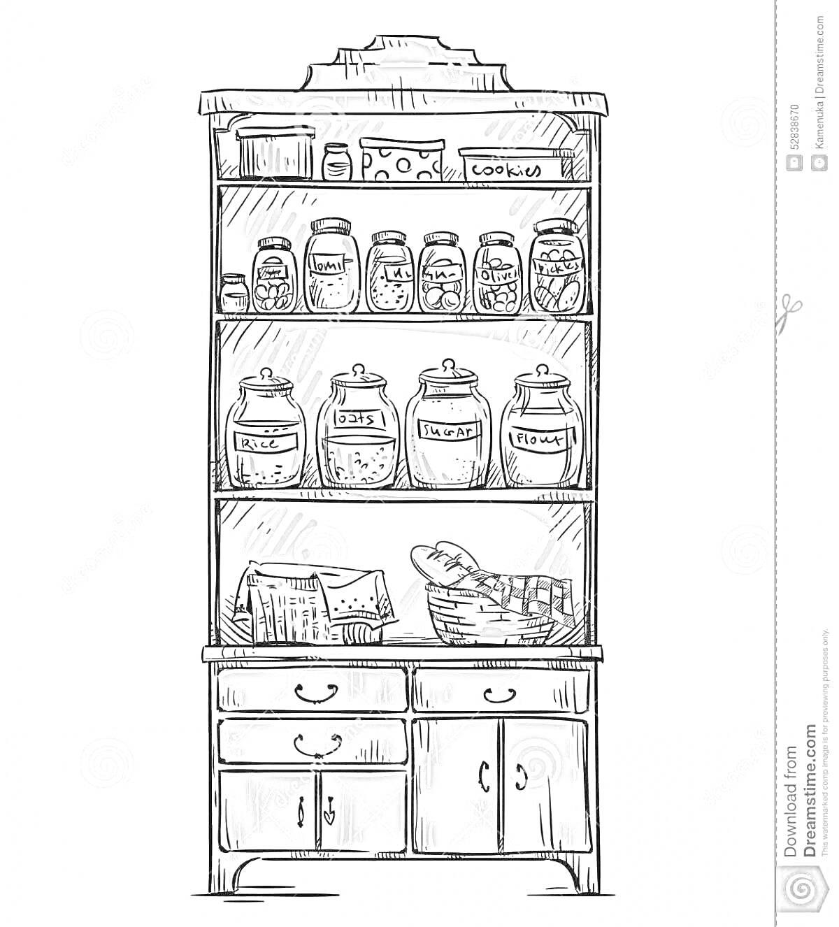 На раскраске изображено: Кухонный шкаф, Продукты, Посуда, Хлеб, Полки, Этикетки, Скатерть