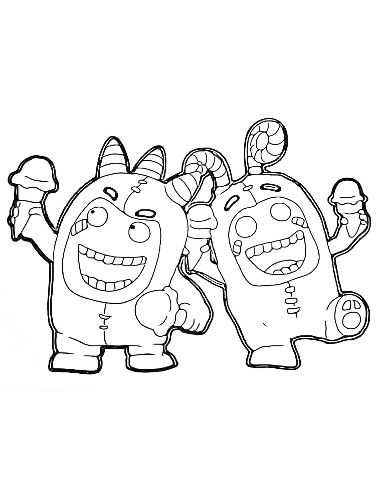 Раскраска Двое чудиков с рожками, радостно едят мороженое