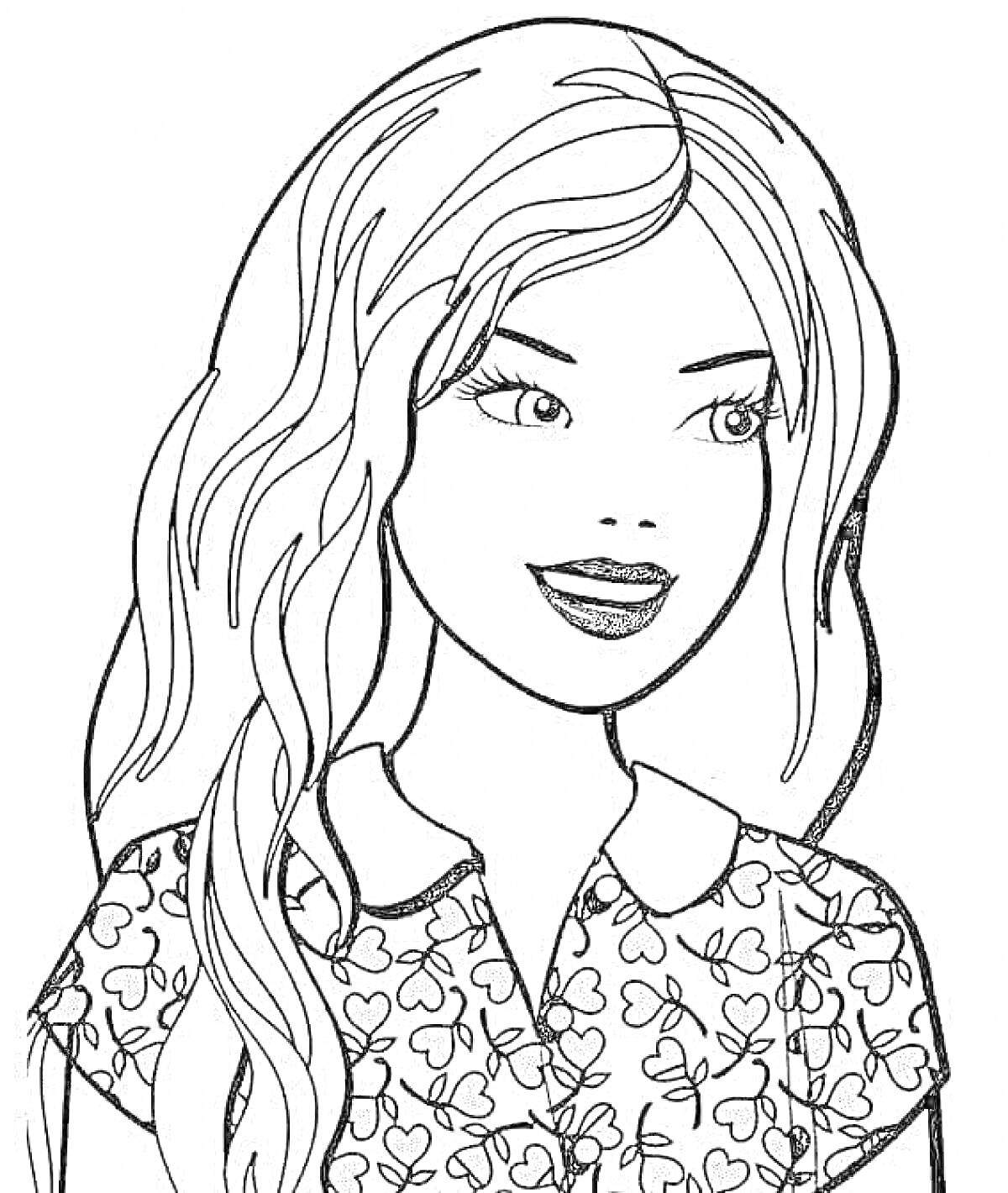 Раскраска Девушка-блоггер с длинными волосами в рубашке с узором сердечки