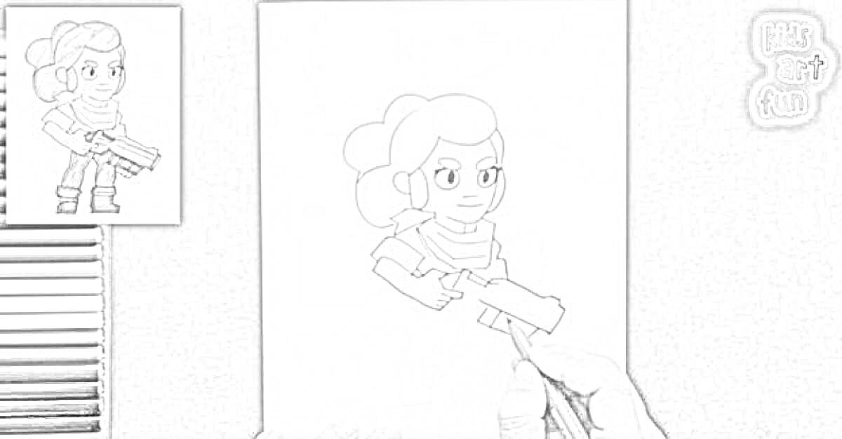 Раскраска Раскраска по персонажу Мэнди из игры Brawl Stars, демонстрация процесса рисования персонажа, цветные карандаши