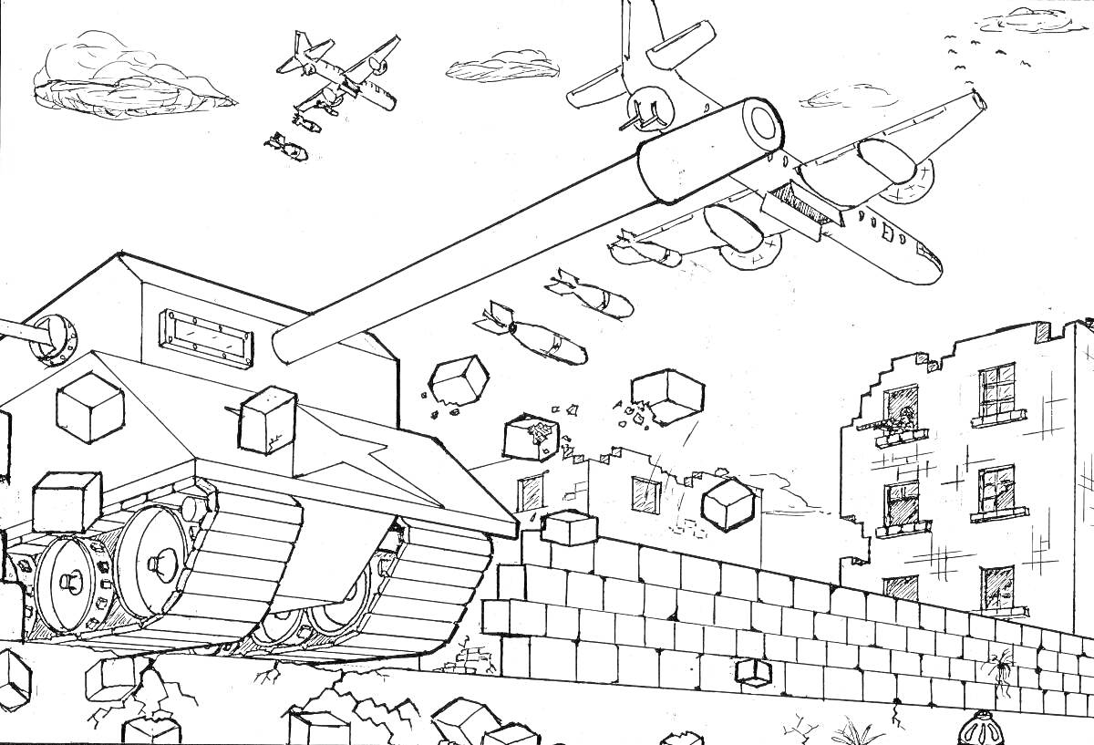 Раскраска Военная база с танком, самолётами и разрушенными зданиями