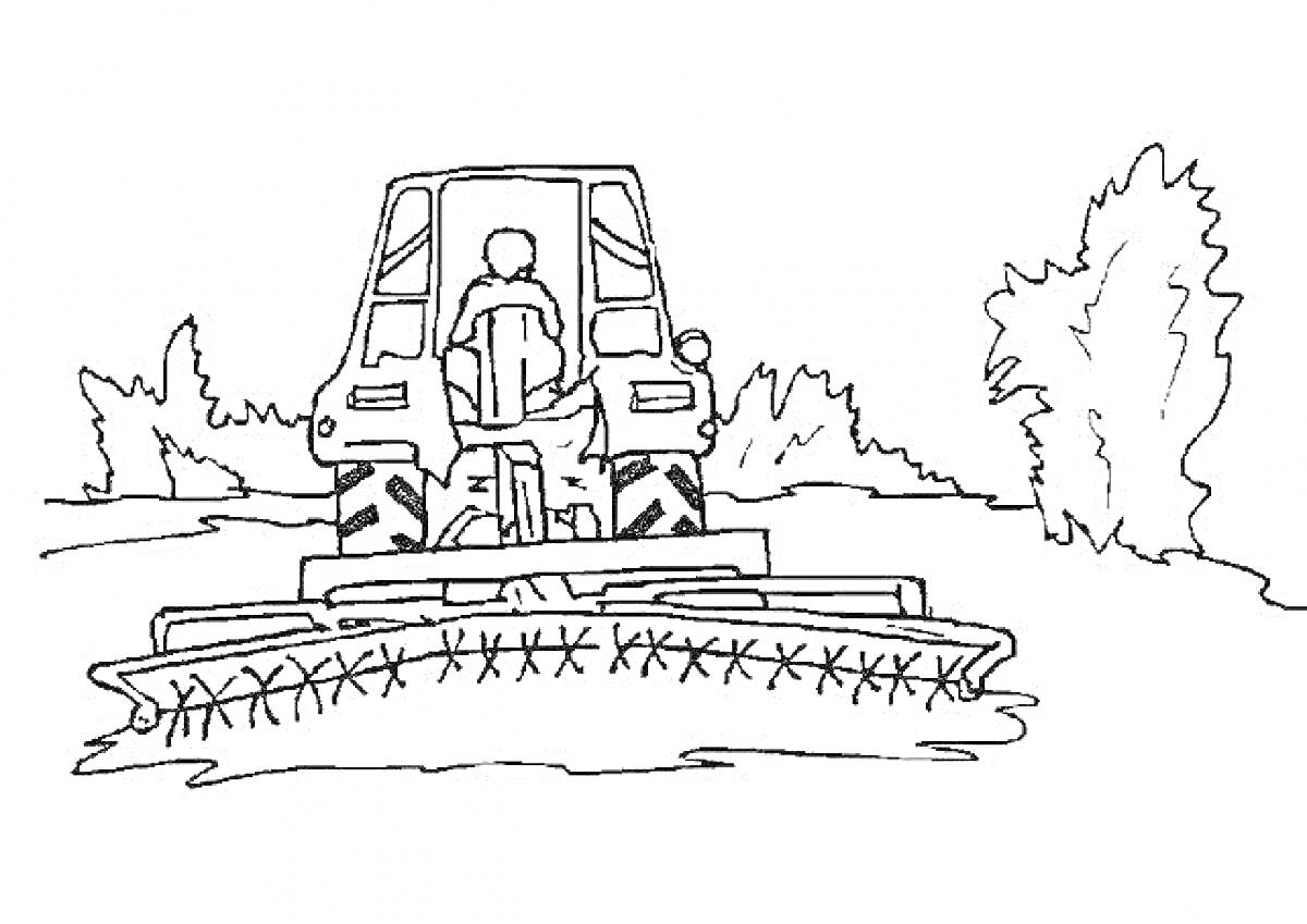 Раскраска трактор с сеялкой на поле с деревьями на заднем плане