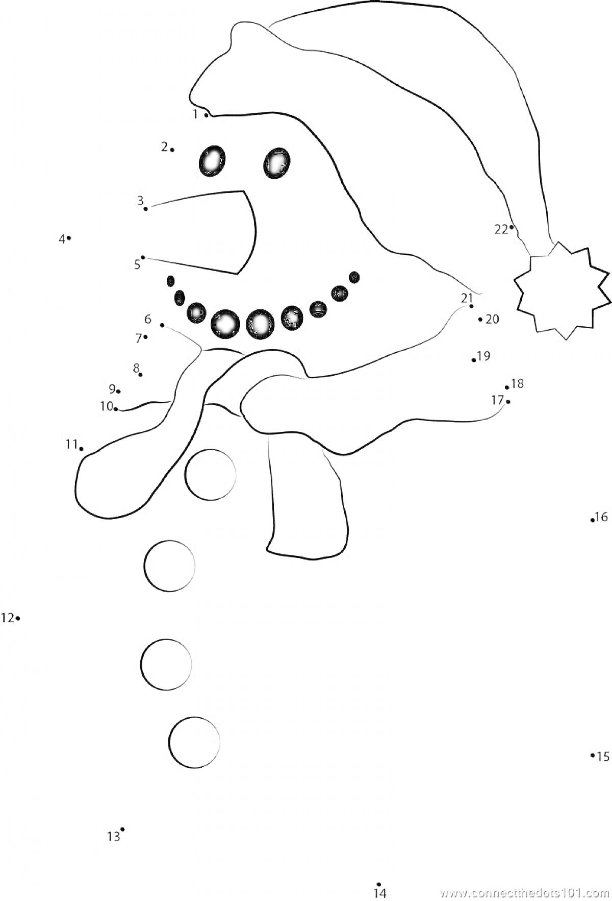 Раскраска Снеговик в шапке и шарфе, рисование по точкам