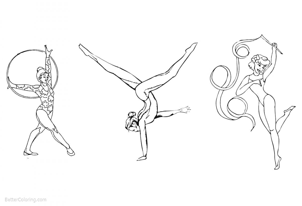 На раскраске изображено: Гимнастика, Обруч, Стойка на руках, Лента, Спорт, Упражнения
