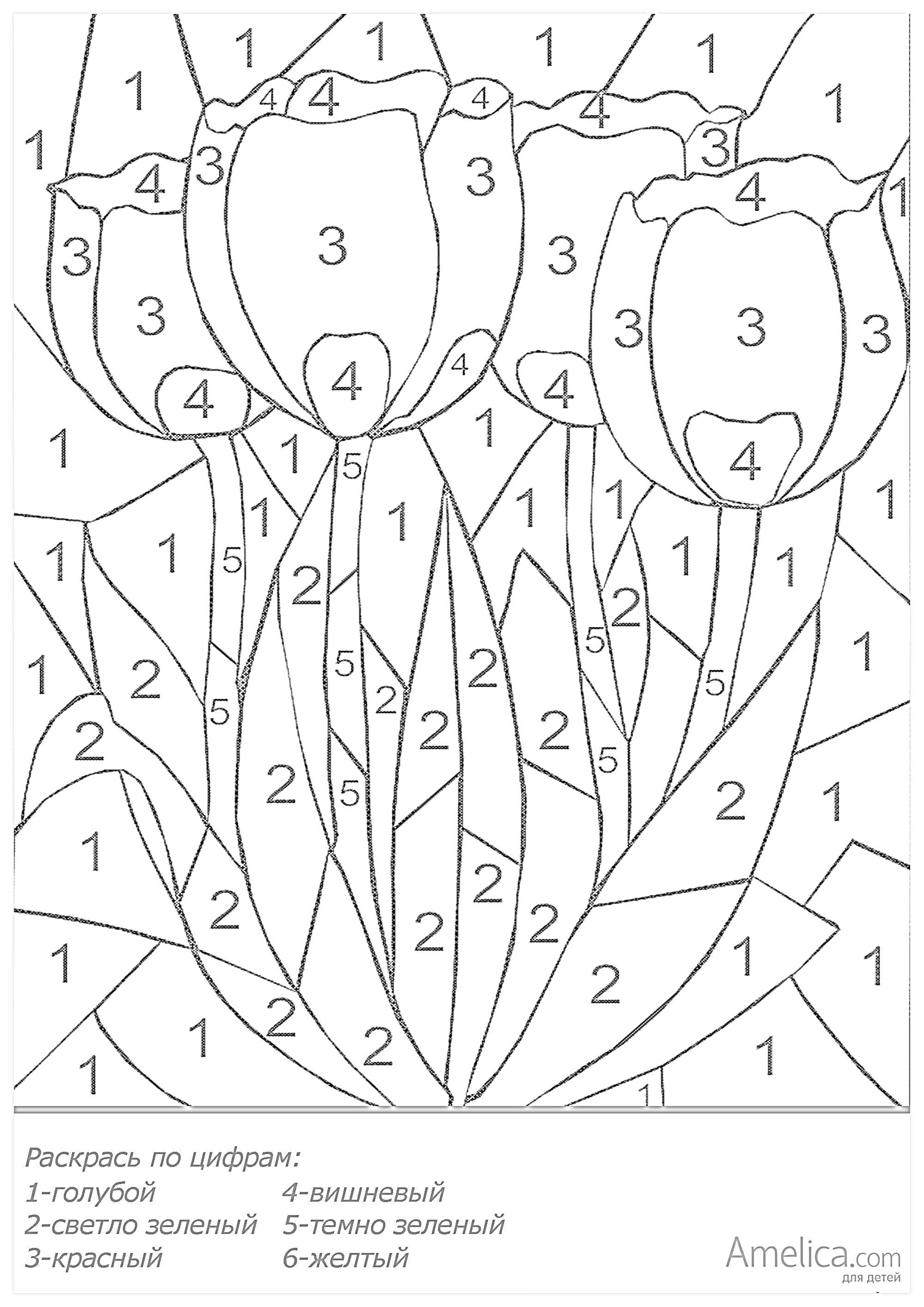 На раскраске изображено: По цифрам, Для детей, Тюльпаны, Цветы, Листья, 5 лет, 6 лет