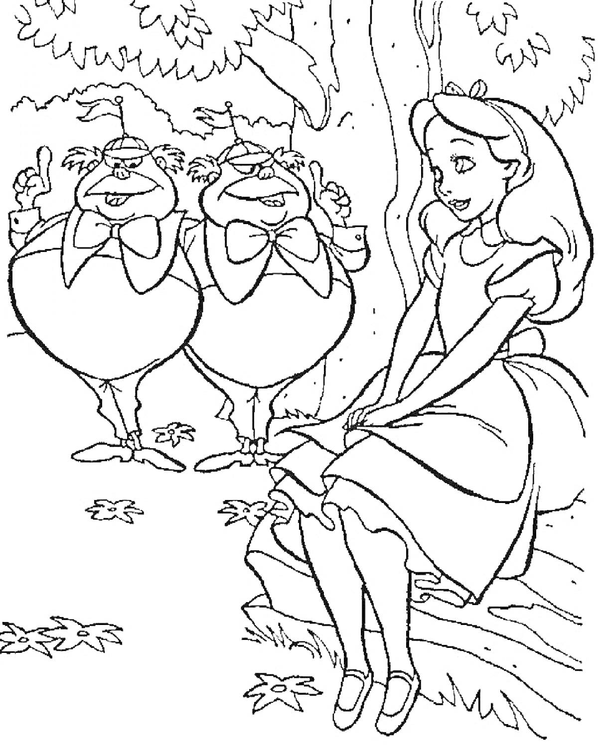 Раскраска Алиса с Лев и Бив - персонажи под деревом, посреди лужайки