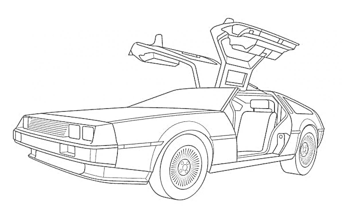 На раскраске изображено: Делориан, Открытые двери, Ретро машина, Авто