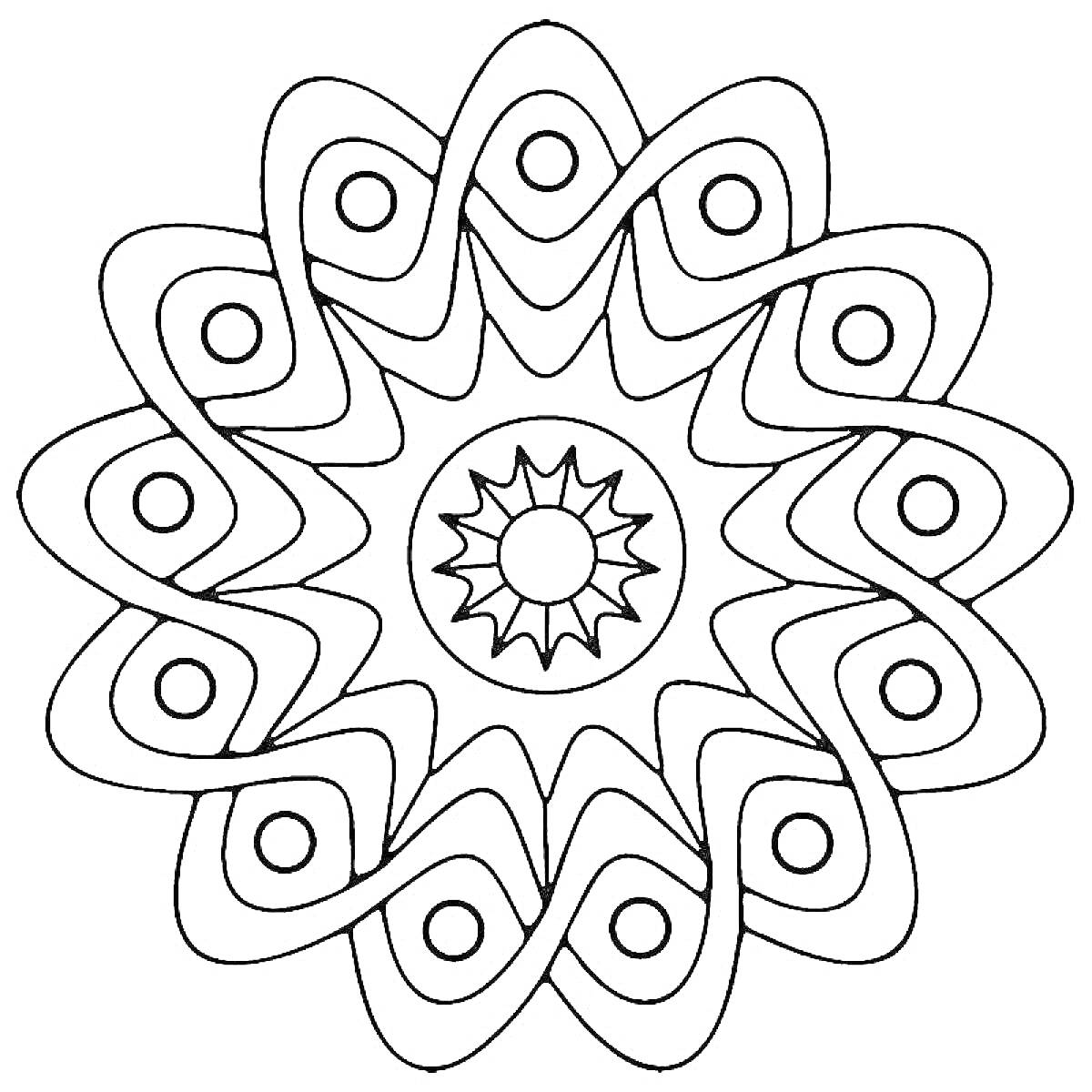 Раскраска круглый орнамент с волнообразными линиями и кругами внутри