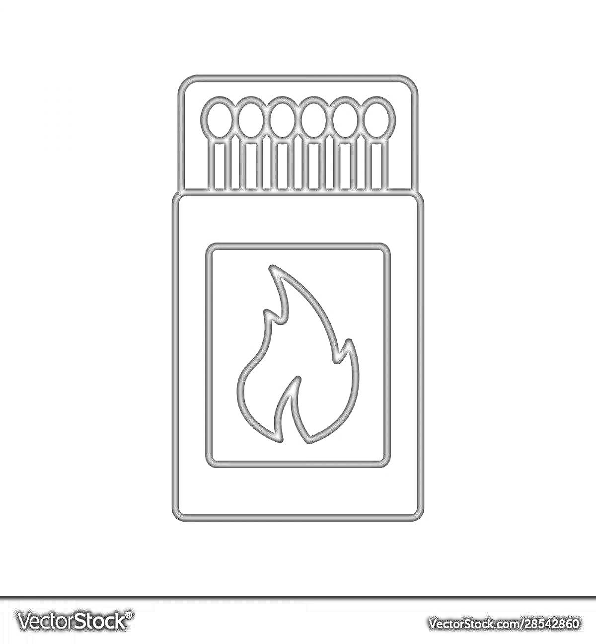 Раскраска Коробок спичек с изображением огня на боковой стороне, спички внутри