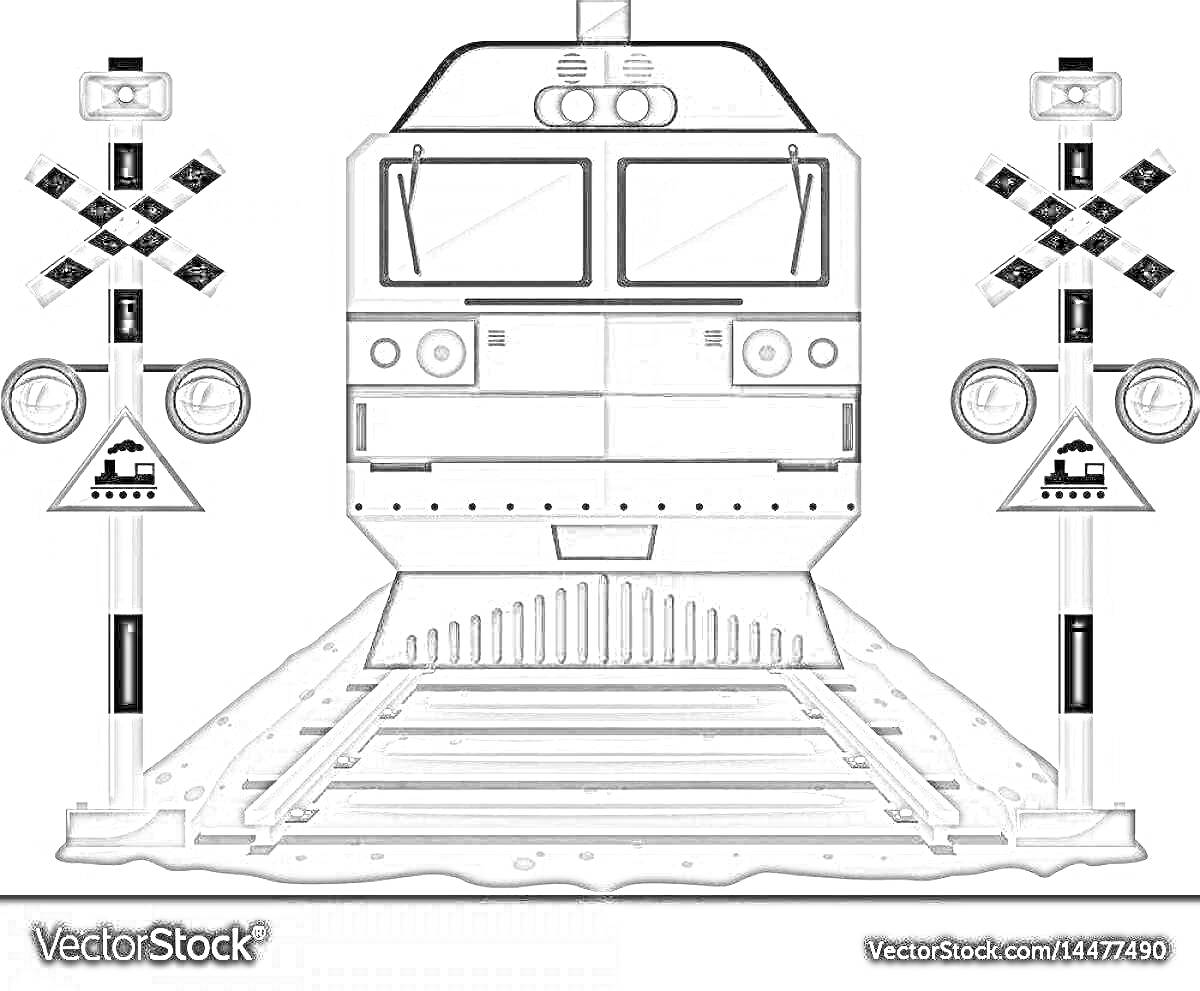 На раскраске изображено: Поезд, Железная дорога, Железнодорожный переезд, Рельсы, Транспорт, Инфраструктура