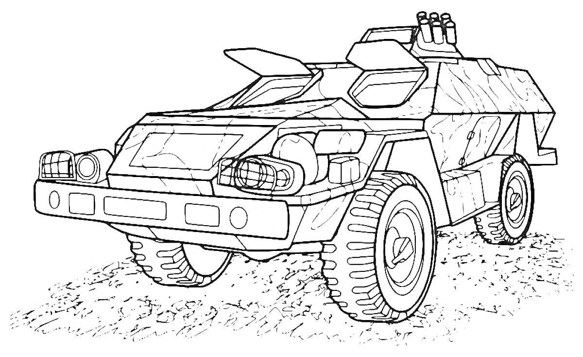 Раскраска Бронеавтомобиль на пересечённой местности, видно переднюю часть и два передних колеса, оснащён фарами и трубами на корпусе